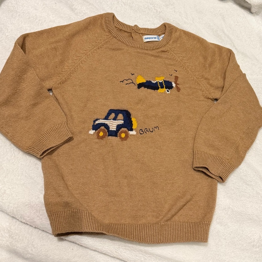Mayoral Tan/Camel Sweater with Car & Airplane Design